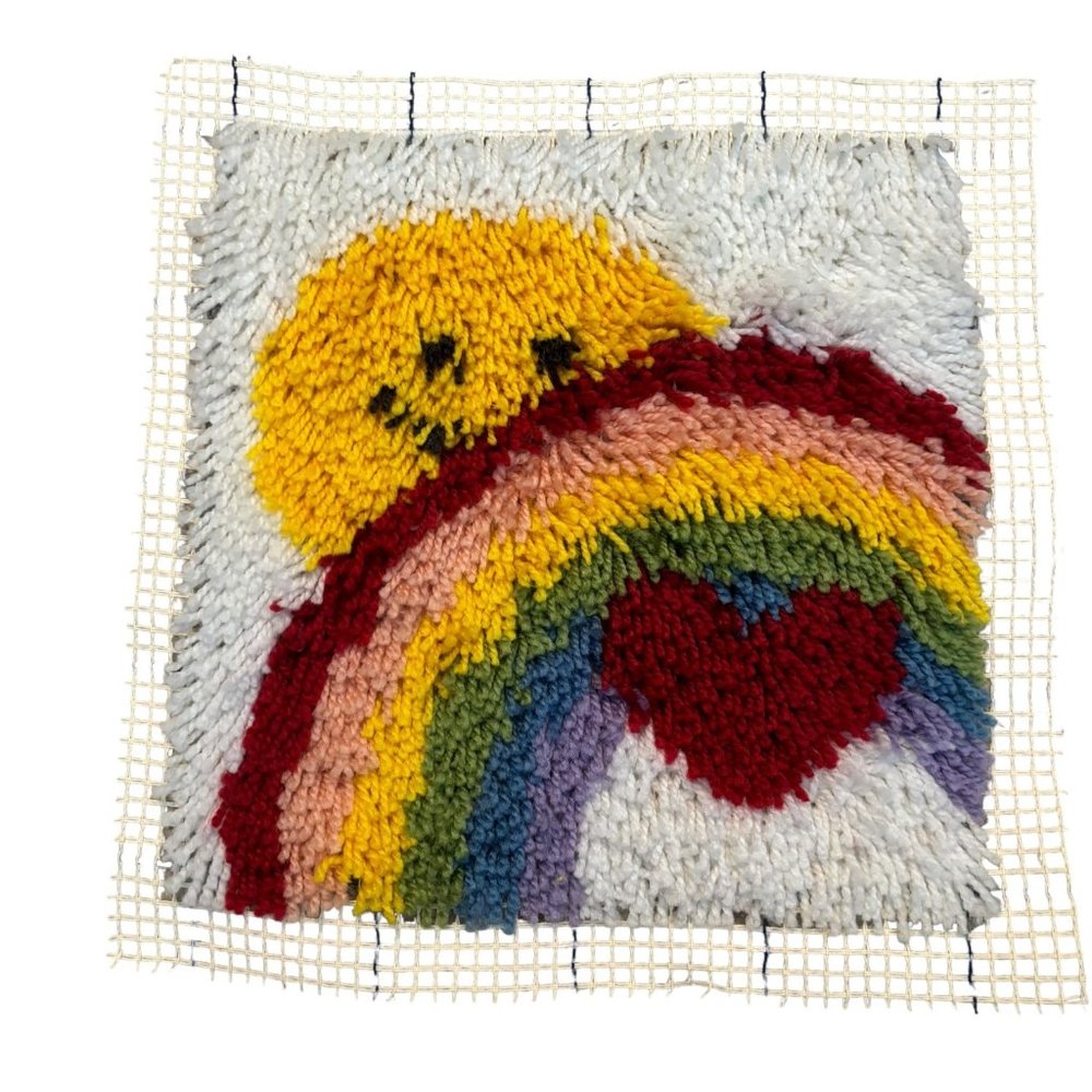 Completed Sunshine Rainbow Heart Latch Hook Rug 12x12 WonderArt
